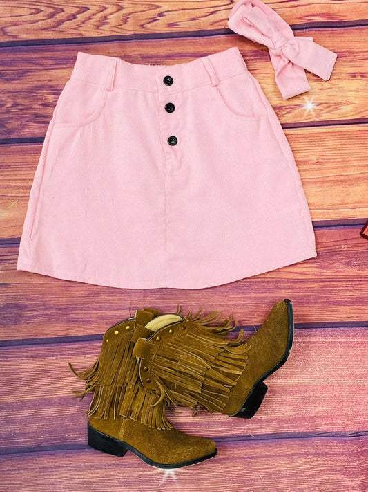 Pink corduroy girls skirt w/headband