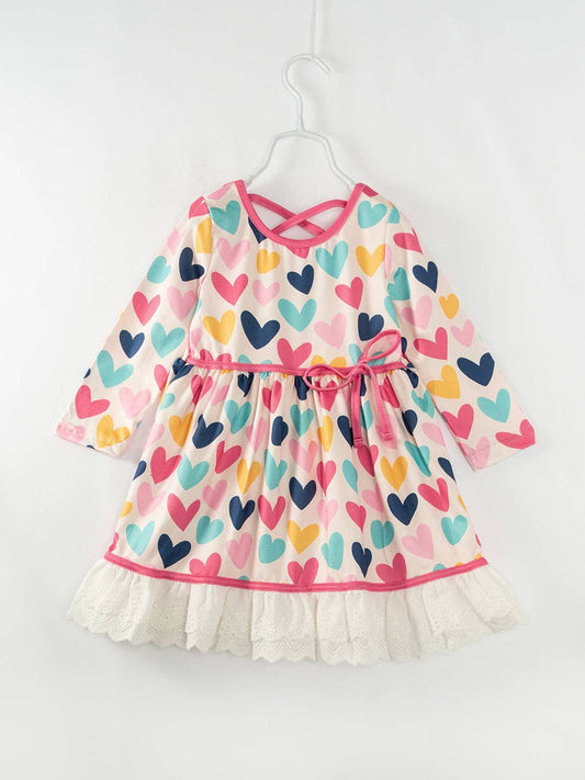 Valentine's Day Colorful Heart Lace Ruffle Girl Twirl Dress