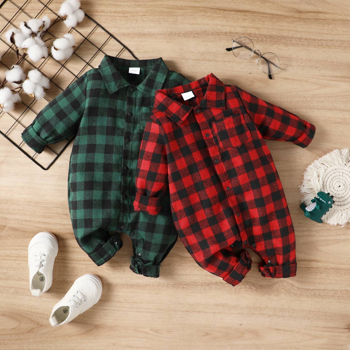 Plaid Print Lapel Collar Long-sleeve Baby Jumpsuit