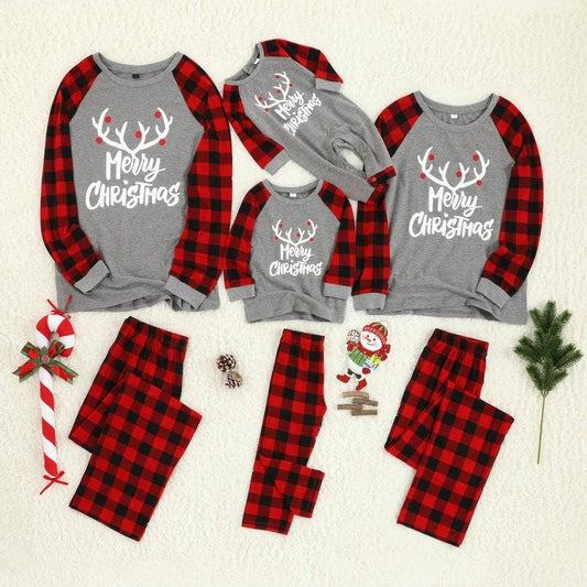 Merry Christmas Antler Letter Print Plaid Macthing Pajamas