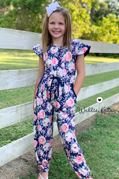 Pink & Navy Rose Scoop back Jumpsuit by Wellie Kate