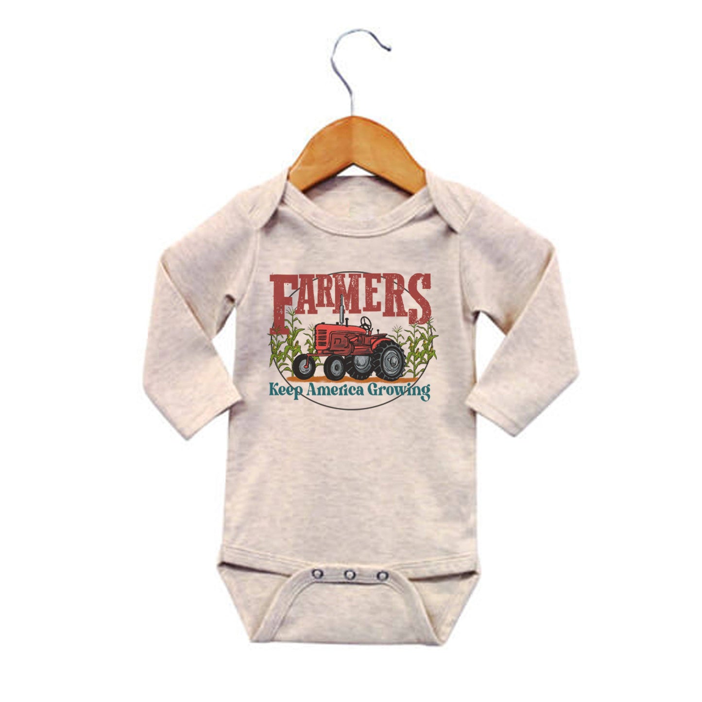 "Farmers keep America growing" Beige Farm baby tractor onesie