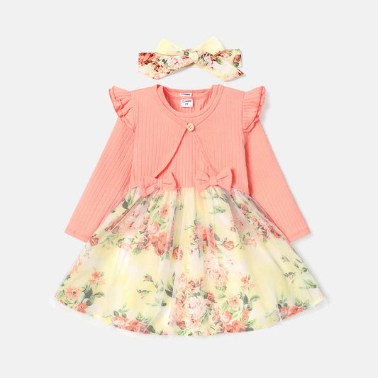 3pcs Dress & Ruffled Cardigan and Headband Set